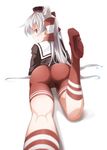  alternate_costume amatsukaze_(kantai_collection) ass bad_anatomy bike_shorts blurry blush brown_eyes cameltoe dated depth_of_field error foreshortening from_behind highres kantai_collection kneehighs kneepits leg_up long_hair looking_at_viewer looking_back red_legwear school_uniform serafuku signature silver_hair simple_background solo suzumeko sweatdrop two_side_up white_background 