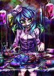  1girl artist_name bag blue_hair bottle cake chair cross-eyed cupcake drugged drugs eating female food hospital iv_stand nurse original pill ray-k scalpel severed_hand sitting skull solo syringe teeth 