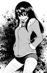  bandages black_hair black_sclera blush bright_pupils chado coat fur_coat fur_collar fur_trim greyscale hands_in_pockets kengan_ashura kure_karura long_hair long_sleeves looking_at_viewer monochrome short_shorts shorts smile teeth thighhighs tongue white_pupils zipper 