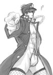  fishnet_legwear fishnets greyscale hat jacket jojo_no_kimyou_na_bouken kurenai_karasu kuujou_joutarou long_coat male_focus monochrome open_clothes open_jacket parody pointing slingshot_swimsuit solo swimsuit thighhighs translation_request 