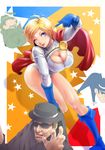  1girl alien blonde_hair blue_eyes blue_shoes breasts cape cleavage cleavage_cutout dc_comics flying gloves kryptonian leotard power_girl shoes wink 