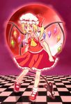  :d bad_id bad_pixiv_id blonde_hair bow checkered checkered_floor fang flandre_scarlet full_moon hat laevatein moon open_mouth pink_eyes red_moon ribbon short_hair side_ponytail smile solo touhou wings ximsol182 