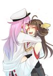  ahoge bare_shoulders blue_eyes blush brown_hair carrying closed_eyes detached_sleeves female_admiral_(kantai_collection) flying_sweatdrops hairband heart hinagi_(fox_priest) japanese_clothes kantai_collection kongou_(kantai_collection) long_hair multiple_girls nagano_hinata nontraditional_miko open_mouth pink_hair smile yuri 