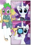  ambiguous_gender anthro blue_eyes blush bow camera clothed clothing comic dialog dragon duo english_text equine eyeshadow female feral friendship_is_magic fur green_eyes hair hi_res horn inside japanese_clothing kimono makeup mammal my_little_pony open_mouth purple_hair purple_scales pyruvate rarity_(mlp) sandals sash slit_pupils spike_(mlp) spines text tongue unicorn white_fur 