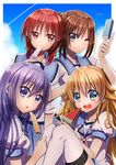  angel_beats! blonde_hair blue_eyes brown_hair food hisako_(angel_beats!) irie_(angel_beats!) iwasawa long_hair multiple_girls nakamura_hinato one_eye_closed popsicle purple_eyes purple_hair red_eyes red_hair school_uniform sekine serafuku shinda_sekai_sensen_uniform short_hair sleeves_rolled_up thighhighs watermelon_bar 