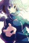  bad_id bad_pixiv_id blue_eyes blue_hair ene_(kagerou_project) headphones jacket kagerou_project long_hair oversized_clothes rosuuri smile solo track_jacket twintails v 