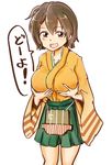  breast_hold breasts brown_eyes brown_hair grabbing hiryuu_(kantai_collection) japanese_clothes kantai_collection long_sleeves nanatsubo_(lipton) one_side_up open_mouth short_hair skirt smile solo wide_sleeves 