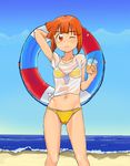  aizawa_eiko bikini blush brown_eyes brown_hair drink drinking_straw innertube kikiki_(hiya_mikan) shinryaku!_ikamusume short_hair solo swimsuit 