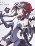 akemi_homura akuma_homura argyle argyle_legwear bare_shoulders black_gloves black_hair black_wings bow choker copyright_name dark_orb_(madoka_magica) dress elbow_gloves feathered_wings gloves grin hair_bow long_hair looking_at_viewer mahou_shoujo_madoka_magica mahou_shoujo_madoka_magica_movie parune_chigetsu purple_eyes signature simple_background smile solo spoilers thighhighs white_background wings zettai_ryouiki 