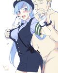  1girl @_@ artist_name assisted_exposure bar_censor belt blue_eyes blue_hair blush breasts censored closed_eyes clothed_female_nude_male cuffs flying_sweatdrops handcuffs hat hetero korisei large_breasts long_hair molestation nude open_clothes open_mouth open_vest opened_by_another original pencil_skirt penis pervert playing_with_another's_hair pointless_censoring police police_hat police_uniform policewoman popped_button side_slit signature sketch skirt sweat turn_pale unbuttoning uniform vest walkie-talkie 