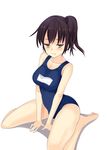  alternate_costume black_hair brown_eyes kaga_(kantai_collection) kantai_collection one-piece_swimsuit school_swimsuit short_hair side_ponytail sitting solo swimsuit wariza yabu_q 