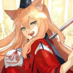  1girl animal_ear_fluff animal_ears blonde_hair breasts commentary_request fangs fate/extra fate/extra_ccc fate/extra_ccc_fox_tail fate_(series) fox_ears hat karasawa201 large_breasts long_hair looking_at_viewer open_mouth red_ribbon ribbon smile solo suzuka_gozen_(fate) yellow_eyes 