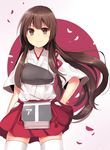  &gt;:) akagi_(kantai_collection) brown_eyes brown_hair hakama_skirt highres japanese_clothes kantai_collection long_hair muneate smile solo tasuki thighhighs uiroutsuji_yumihiko v-shaped_eyebrows white_legwear 