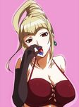  almaflora black_gloves blonde_hair bra breasts cleavage earrings elbow_gloves gloves high_ponytail ixion_saga jewelry kiikakiika large_breasts open_mouth red_bra red_eyes solo tongue tongue_out underwear 