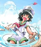  bucket cloud day dress hat hishaku ladle murasa_minamitsu open_mouth sailor_dress sailor_hat shinapuu sky smile touhou ufo unzan 