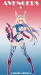  absurdres avengers bad_id bad_pixiv_id blonde_hair blue_eyes boots breasts captain_america character_name full_body gauntlets genderswap genderswap_(mtf) gradient gradient_background hairband highres large_breasts long_hair looking_to_the_side navel pouch shield smile solo star steve_rogers striped striped_legwear thighhighs torn_clothes vertical-striped_legwear vertical_stripes zhuxiao517 