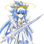  aoki_reika blue_dress blue_eyes blue_hair cure_beauty dress eyelashes hair_tubes halo jewelry long_hair magical_girl precure princess_form_(smile_precure!) ribbon serious simple_background sketch smile_precure! solo spiked_hair standing sword tiara tsukikage_oyama weapon white_background wrist_cuffs 