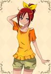  alternate_hairstyle blush eyelashes hair_ornament hair_ribbon hairclip happy hino_akane_(smile_precure!) looking_at_viewer orange_shirt ponytail precure red_eyes red_hair ribbon shirt short_hair shorts sketch smile smile_precure! solo standing tsukikage_oyama 