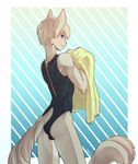  blue_eyes blush bulge butt caninelove cat crossdressing feline fur hair looking_at_viewer looking_back male mammal one-piece_swimsuit short_hair smile solo standing swimsuit thighs towel wet white_fur white_hair 
