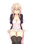  aqua_eyes arm_support bags_under_eyes black_legwear blonde_hair breasts cleavage expressionless jacket large_breasts long_hair looking_at_viewer mustard_seeds original short_shorts shorts simple_background sitting solo thigh_gap thighhighs yuuji_(and) 