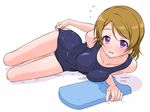  breasts brown_hair flying_sweatdrops k10k kickboard koizumi_hanayo looking_at_viewer love_live! love_live!_school_idol_project lying on_side one-piece_swimsuit purple_eyes school_swimsuit short_hair solo swimsuit swimsuit_tug wet white_background 