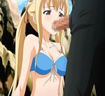  1boy 1girl animated animated_gif bikini blonde_hair breasts brown_eyes censored fellatio large_breasts long_hair lowres makino_fuyu oni_chichi oral penis poro swimsuit twintails 