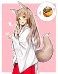  animal_ears fang food fox_ears fox_tail japanese_clothes masamuuu miko original otoko_no_ko pointing tail takoyaki 