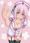  blush breasts cleavage deni_m garter_straps hat headphones highres large_breasts leaning_forward long_hair looking_at_viewer nitroplus nurse nurse_cap open_mouth pink_eyes pink_hair red_eyes solo super_sonico thighhighs 