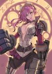  armor belt blue_eyes breasts cleavage clock dated gauntlets gears goggles large_breasts league_of_legends light_smile lips long_hair looking_at_viewer pink_hair racoona solo striped striped_legwear thighhighs unzipped vi_(league_of_legends) 