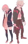  1boy 1girl blood bloody_knife bloody_weapon blue_coat coat danganronpa danganronpa_3 ears green_coat green_eyes highres knife komaeda_nagito nanami_chiaki open_clothes open_coat open_eyes pants pink_blood pink_eyes pink_hair shirt skirt spoilers super_danganronpa_2 tatabibibi weapon white_hair white_shirt 