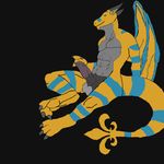  3_toes abs anthro balls biceps black_background claws dragon erection fleur-de-lis green_eyes looking_at_viewer male muscles nude pecs penis plain_background saintcopy sitting solo stripes toe_claws wings yellow_dragon 
