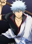  black_background blue_hair brown_eyes gintama gradient gradient_background hadanugi_dousa happy husagin japanese_clothes kimono long_sleeves looking_at_viewer male_focus official_style sakata_gintoki short_sleeves smile solo sword weapon wooden_sword 