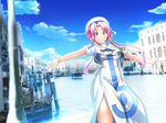  aria beret building cloud day dress green_eyes hair_tubes hat kurorettsu long_hair mizunashi_akari outstretched_arms photo_background pink_hair river short_hair_with_long_locks short_sleeves side_slit sidelocks sky solo spread_arms stream uniform water white_dress 