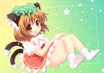  animal_ears ass bow brown_eyes brown_hair cat_ears cat_tail chen ear_piercing hat jewelry lying mob_cap multiple_tails nekomata no_panties on_back open_mouth piercing pila-pela puffy_short_sleeves puffy_sleeves shirt short_sleeves single_earring skirt skirt_set solo star tail touhou vest 
