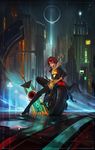  boots closed_eyes cyberpunk feathers ground_vehicle highres huge_weapon igor_artyomenko long_coat md5_mismatch motor_vehicle motorcycle red_(transistor) red_hair resized short_hair sword the_transistor thigh_boots thighhighs transistor_(game) upscaled weapon 