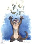  ambiguous_gender blue_background cute feral fish happy idess mammal marine mustelid otter plain_background traditional_media watercolor 