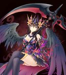  armor black_hair black_wings crown dogg023 earrings electricity gauntlets highres jewelry long_hair persephone_(p&amp;d) pointy_ears purple_eyes puzzle_&amp;_dragons scythe smile solo thighhighs wings zettai_ryouiki 