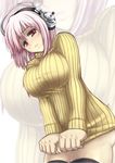  annoyed blush breasts clothes_tug deni_m headphones highres large_breasts long_hair long_sleeves looking_at_viewer nitroplus panties pink_hair red_eyes ribbed_sweater solo super_sonico sweater sweater_tug thighhighs turtleneck underwear zoom_layer 