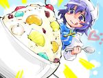  :p blue_eyes blue_hair blush bowl brooch cherry dutch_angle emphasis_lines food fruit gradient gradient_background hat heart high_collar holding ice_cream jewelry letty_whiterock long_sleeves open_mouth pineapple purple_eyes shinapuu short_hair smile solo spoon tongue tongue_out touhou 