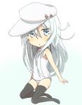  black_legwear hammer_and_sickle hat hibiki_(kantai_collection) kantai_collection long_hair looking_at_viewer nonono_(mino) one-piece_swimsuit school_swimsuit silver_eyes silver_hair solo star swimsuit thighhighs verniy_(kantai_collection) white_swimsuit 