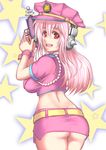  ass blush breasts butt_crack deni_m gun handgun headphones large_breasts long_hair looking_at_viewer miniskirt nitroplus no_panties open_mouth pencil_skirt pink_hair pistol police police_uniform red_eyes skirt smile solo space_invaders super_sonico trigger_discipline uniform weapon 