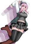  blush boots breasts deni_m headphones highres jumping large_breasts long_hair looking_at_viewer navel nitroplus open_mouth pink_eyes pink_hair smile solo super_sonico thighhighs 