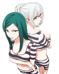  back-to-back black_eyes breast_hold breasts cleavage crossed_arms from_above glasses green_eyes green_hair highres kurihara_mari_(prison_school) large_breasts lips long_hair looking_at_viewer looking_back midriff multiple_girls navel pre3445 prison_clothes prison_school shiraki_meiko silver_hair skindentation striped vertical_stripes white_background 