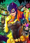  1girl barbara_gordon bat bat_(symbol) batcave batgirl batman batman_(series) belt bruce_wayne cape dc_comics gloves green_hair laugh laughing mask orange_hair screen shawn_yap the_joker toy 