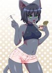  1girl animal_ears breasts cat cat_ears cat_food cat_tail clothed clothing feline female food fur furry green_eyes grey_fur hair halter_top halterneck looking_at_viewer mammal midriff open_mouth senzoc shirt short_hair short_shorts shorts solo spoon tail tank_top whiskers 