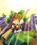  blush bow brown_hair control_rod hair_bow hair_ornament hair_ribbon hand_up long_hair pointing red_eyes reiuji_utsuho ribbon shinapuu smile solo touhou wings 