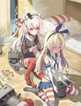  amatsukaze_(kantai_collection) bakatesu59 blonde_hair blush brown_eyes closed_eyes commentary crying damage_control_crew_(kantai_collection) dress elbow_gloves fairy_(kantai_collection) gloves hairband kantai_collection latte_art long_hair multiple_girls musashi_(kantai_collection) rensouhou-chan rensouhou-kun sailor_dress school_uniform serafuku shimakaze_(kantai_collection) short_dress silver_hair single_glove striped striped_legwear tears thighhighs translated two_side_up type_3_depth_charge_projector zettai_ryouiki 