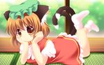  animal_ears arm_support blush bow brown_eyes brown_hair cat_ears cat_tail chen ear_piercing hat jewelry legs_up looking_at_viewer lying mob_cap multiple_tails nekomata no_shoes on_stomach piercing pila-pela puffy_short_sleeves puffy_sleeves shirt short_sleeves single_earring skirt skirt_set smile solo tail tatami touhou vest 