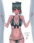  bangs bare_shoulders bikini blush bow breasts brown_eyes cleavage curtains front-tie_bikini front-tie_top green_bikini grey_hair h_kasei hair_bow kantai_collection large_breasts looking_at_viewer midriff navel open_mouth ponytail solo swimsuit yuubari_(kantai_collection) 