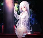  bare_legs blurry blurry_background bokeh buttons collared_shirt dark_background depth_of_field dress_shirt light long_hair looking_at_viewer original otokuyou oversized_clothes oversized_shirt pole red_eyes scowl shiroi_ko_(otokuyou) shirt sitting solo white_hair white_shirt 